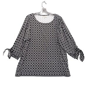 Max Studio Blouse Top Chain Print Tie Sleeve Black White Plus Size‎ 1X